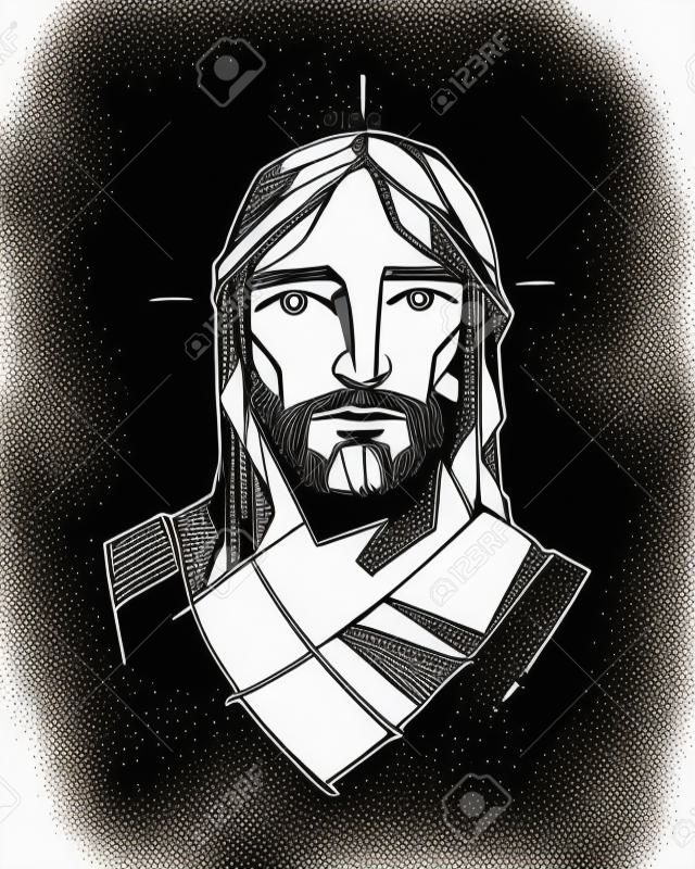 Ilustracji wektorowych wyciągnąć rękę lub rysunek twarzy Jezusa Chrystusa