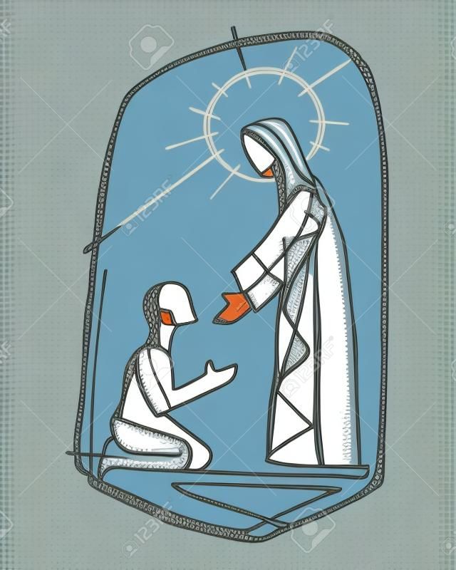 Hand gezeichnet Vektor-Illustration oder eine Zeichnung von Jesus Christus heilt einen Mann in einem minimalistischen Stil
