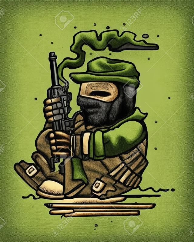 Hand drawn illustration or drawing of a mexican zapatist rebel soldier with rifle