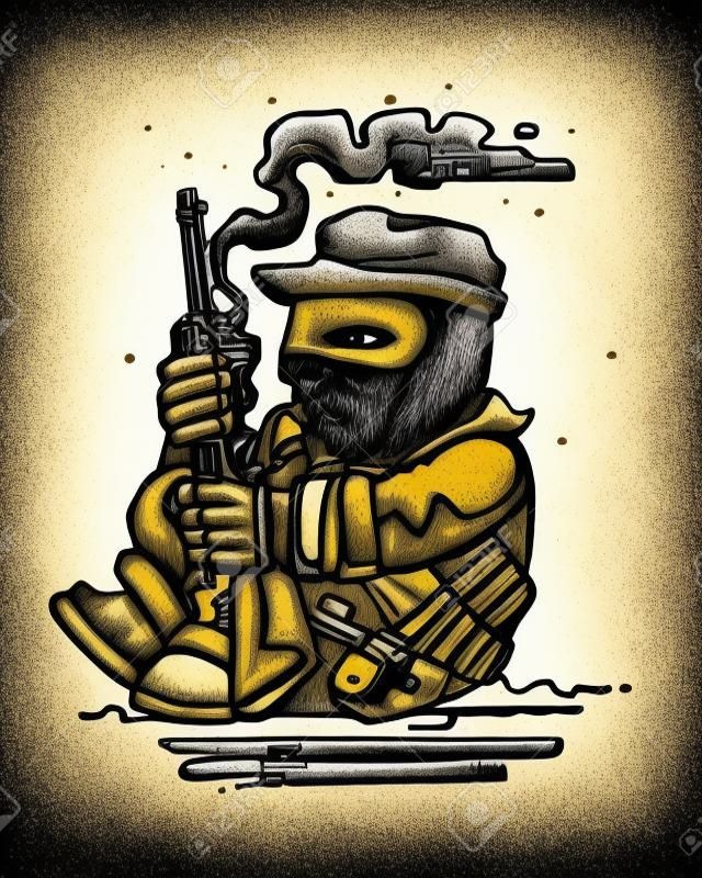 Hand drawn illustration or drawing of a mexican zapatist rebel soldier with rifle