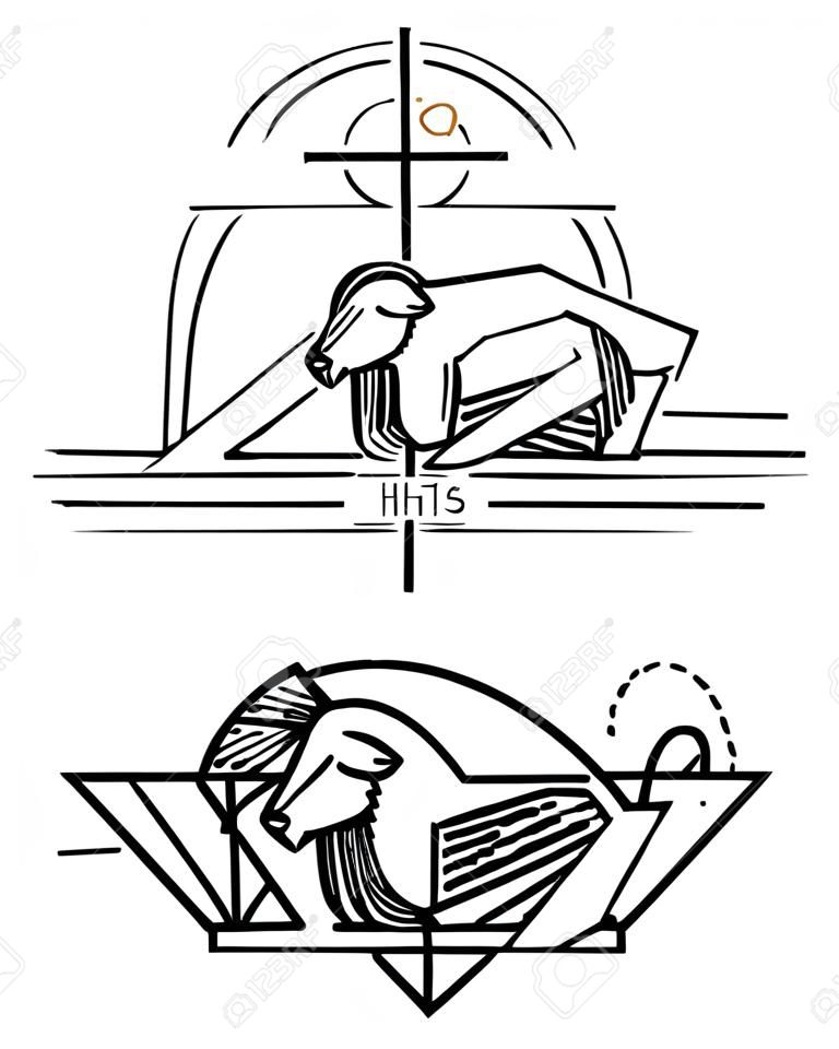 Kézzel készített vektoros illusztráció vagy Jézus Krisztus rajza, amelyet Isten Bárányának vallási szimbóluma képvisel