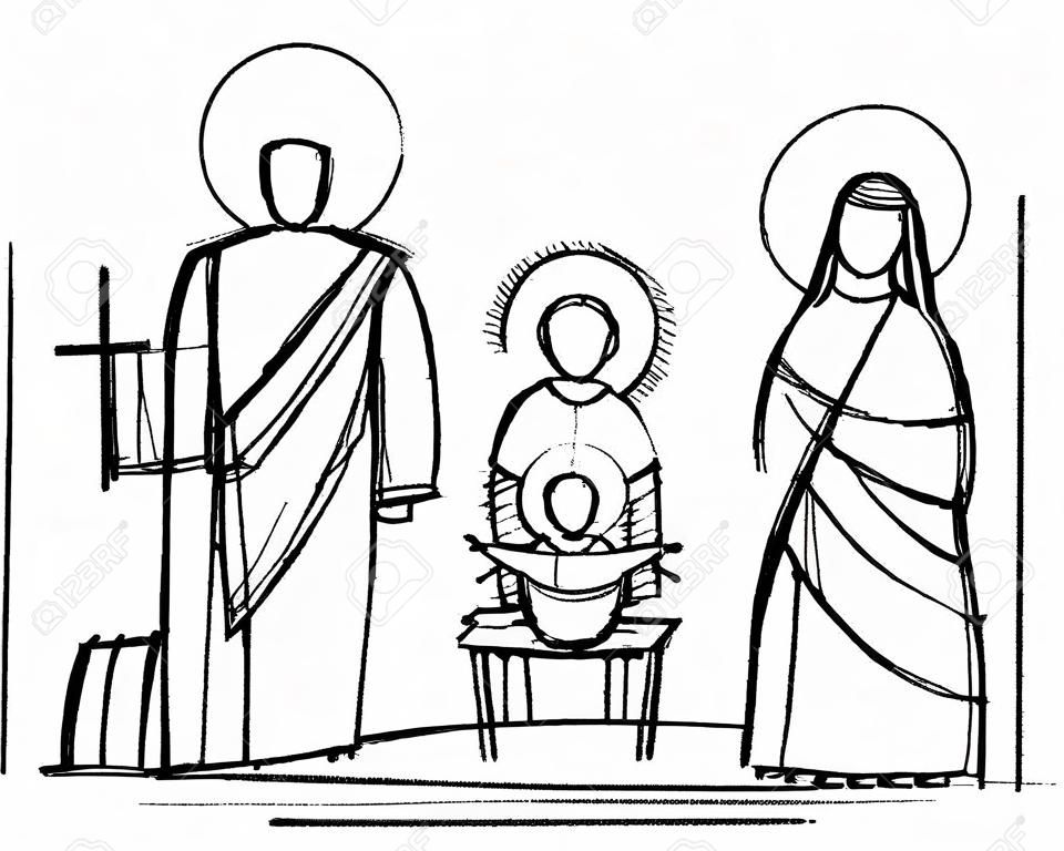 Hand drawn vector ink illustration or drawing of Jesus, Virgin Mary and Saint Joseph at Nativity