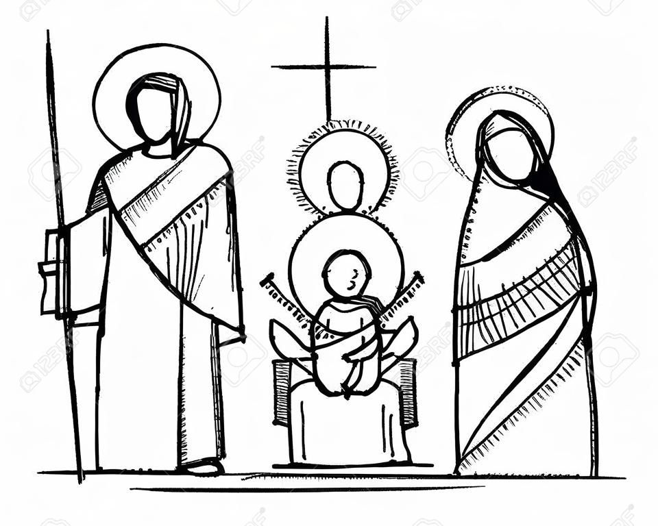 Hand drawn vector ink illustration or drawing of Jesus, Virgin Mary and Saint Joseph at Nativity
