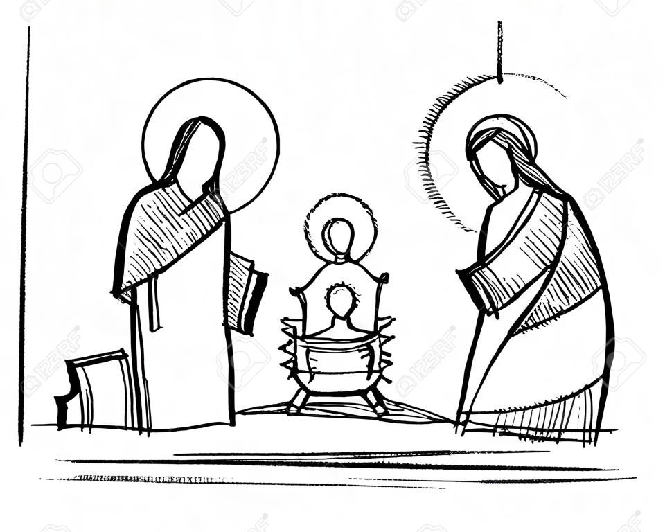 手描きベクトルインクのイラストやイエス、聖母マリアと聖ヨセフの絵