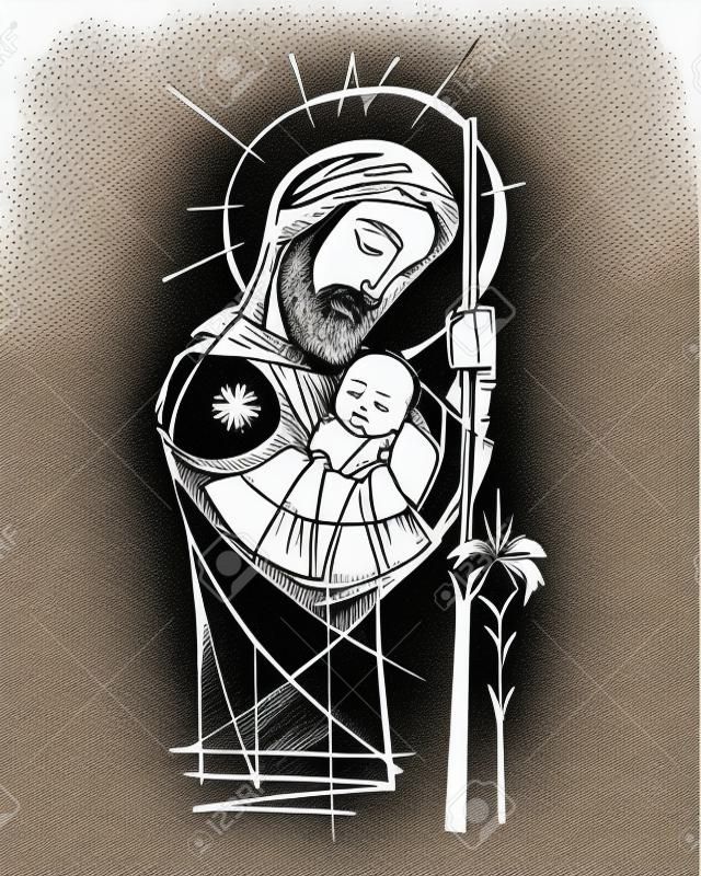 Hand drawn vector ink illustration or drawing of Saint Joseph and baby Jesus