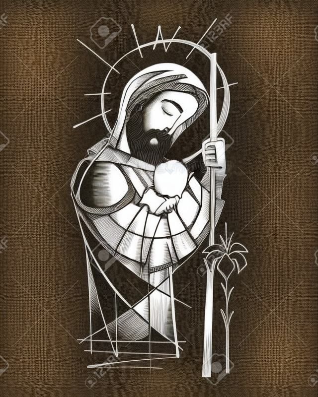 Hand drawn vector ink illustration or drawing of Saint Joseph and baby Jesus
