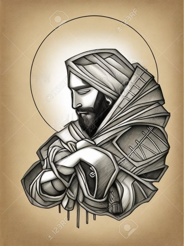 Hand gezeichnete Illustration oder Zeichnung von Jesus Christus, guter Hirte