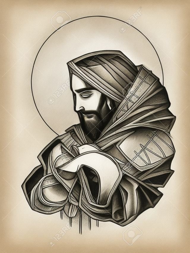 Hand gezeichnete Illustration oder Zeichnung von Jesus Christus, guter Hirte