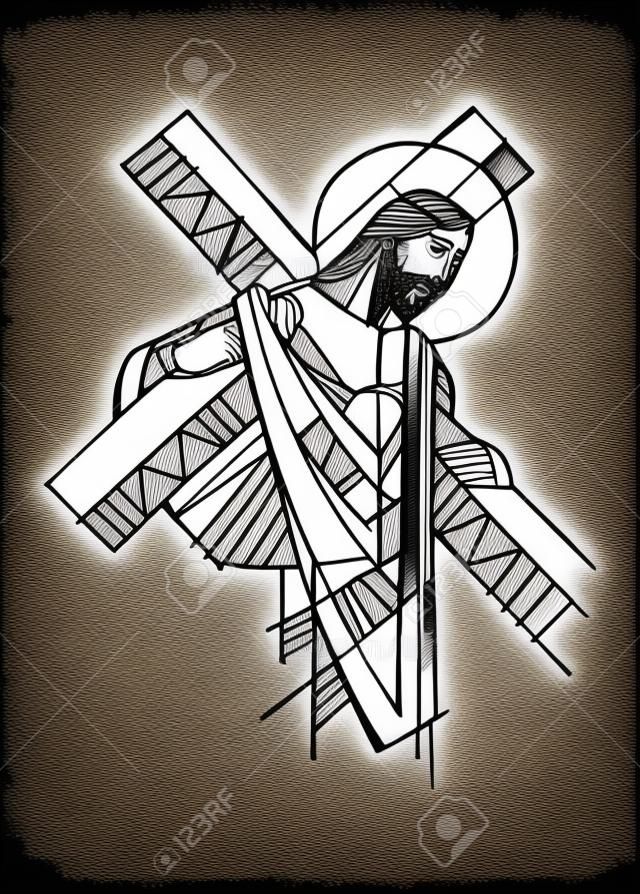 Met de hand getekend vector illustratie of tekening van Jezus Christus met het Kruis in zijn passie