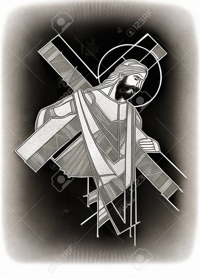 Met de hand getekend vector illustratie of tekening van Jezus Christus met het Kruis in zijn passie