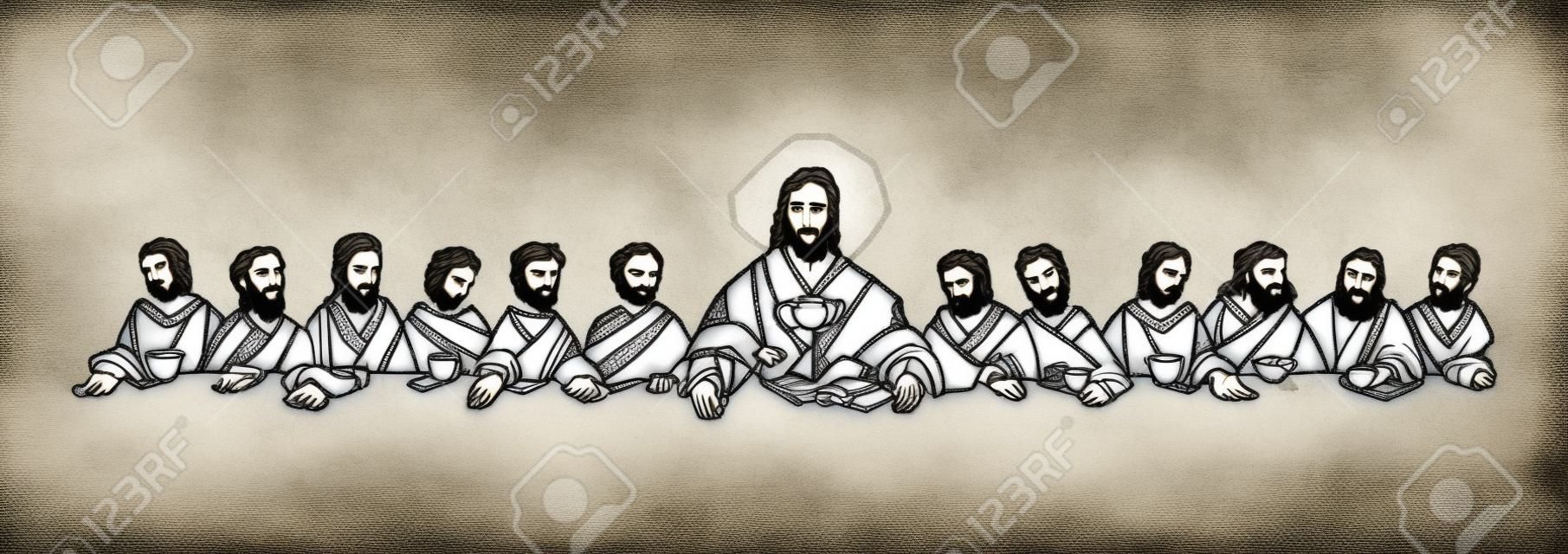 Illustrazione disegnata a mano o disegno di Gesù Cristo con i discepoli durante l'Ultima Cena