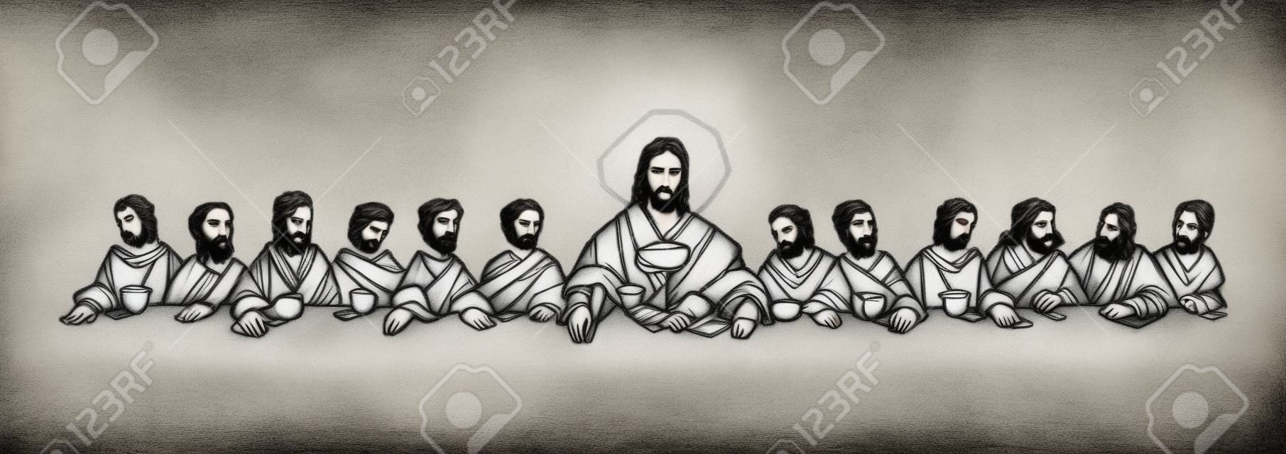 Ręcznie rysowana ilustracja lub rysunek Jezusa Chrystusa z uczniami na ostatniej wieczerzy