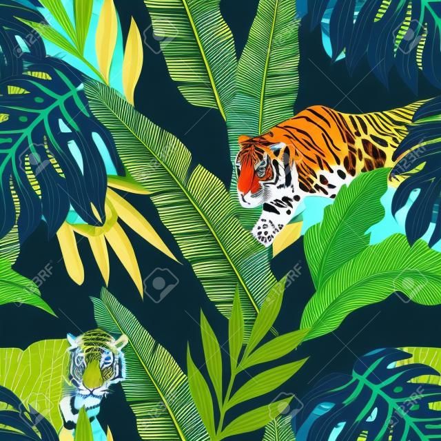 Bezszwowy skład tropikalni liście w modnym błękitnym kolorze z zwierzęcym tygrysem i lampartem na czarnym tle. Wektor wzór tapety