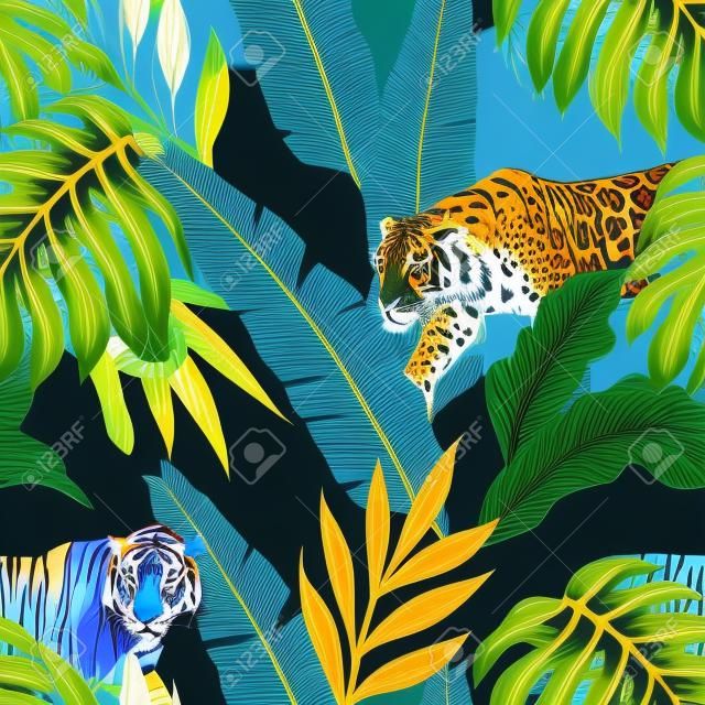 無縫組合的熱帶葉子與時尚的藍色與動物的老虎和黑色背景上的豹子。模式壁紙矢量