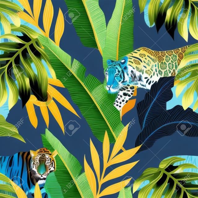 Seamless composition of tropical leaves in trendy blue color with animal tiger and a leopard on a black background. Pattern wallpaper vector