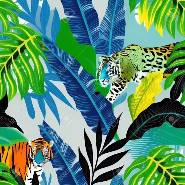 Bezszwowy skład tropikalni liście w modnym błękitnym kolorze z zwierzęcym tygrysem i lampartem na czarnym tle. Wektor wzór tapety