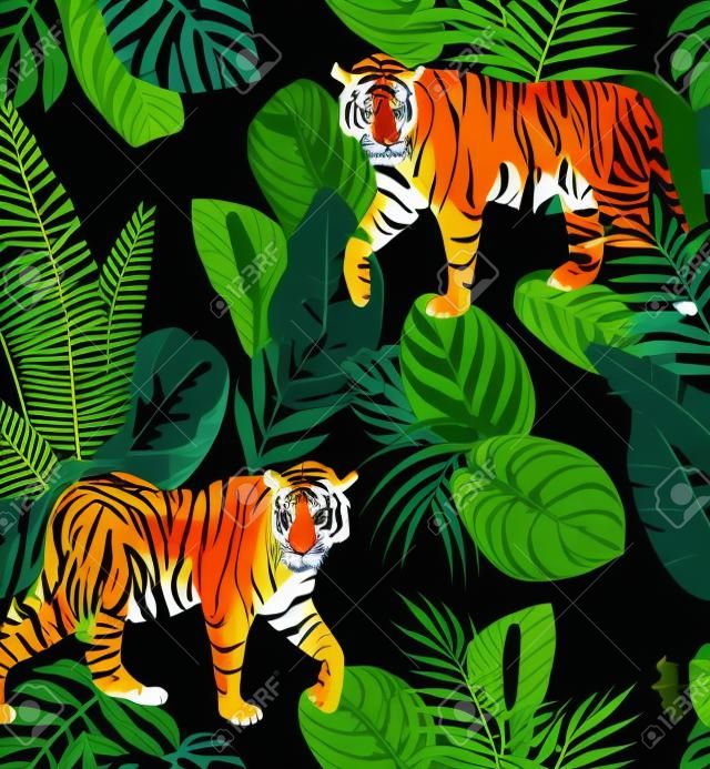 暗いジャングルパターン黒の背景イラストシームレスなベクトルトレンディな構成ビーチの壁紙でエキゾチックな動物の虎を行く。