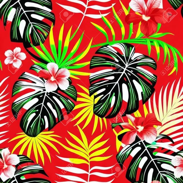 tropical illustration monstera plants leaves flowers hibiscus seamless pattern white background