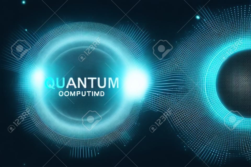 Quantum computer technology concept. Deep learning artificial intelligence. Big data algorithms visualization for business, science, technology. Waves flow, dots, lines. Quantum vector illustration