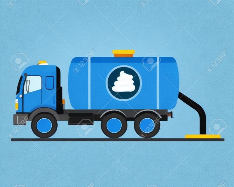 blauwe truck flusher pompen uitwerpselen in het riool. platte vector illustratie.