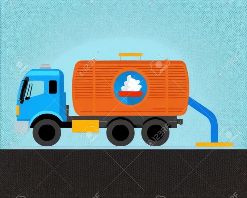 blauwe truck flusher pompen uitwerpselen in het riool. platte vector illustratie.
