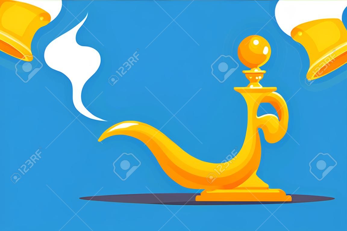 magic golden lamp with genie from arabian night. flat vector illustration.
