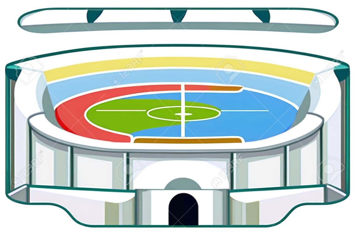 Colorful cartoon stadium. Sport theme vector illustration for icon, sticker sign, patch, certificate badge, gift card, stamp logo, label, poster, web banner, flayer invitation