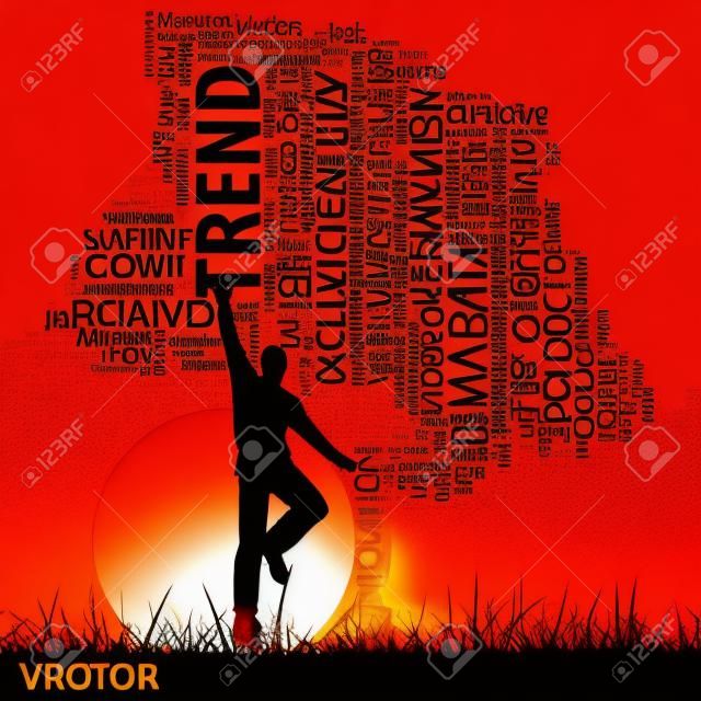 Conceptual media business tree with man at sunset,  word cloud with sun and grass