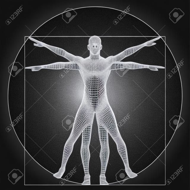 Vitruvian Menschen oder der Mensch als ein Konzept oder konzeptionelle 3D Anteil Anatomie Körper isoliert auf Hintergrund