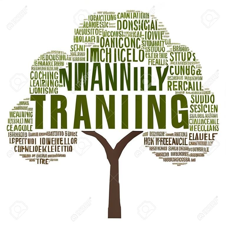 Koncepcja wektorowe lub koncepcyjnego szkolenia, coachingu lub nauki, badania chmura programu word drzewa samodzielnie na tle