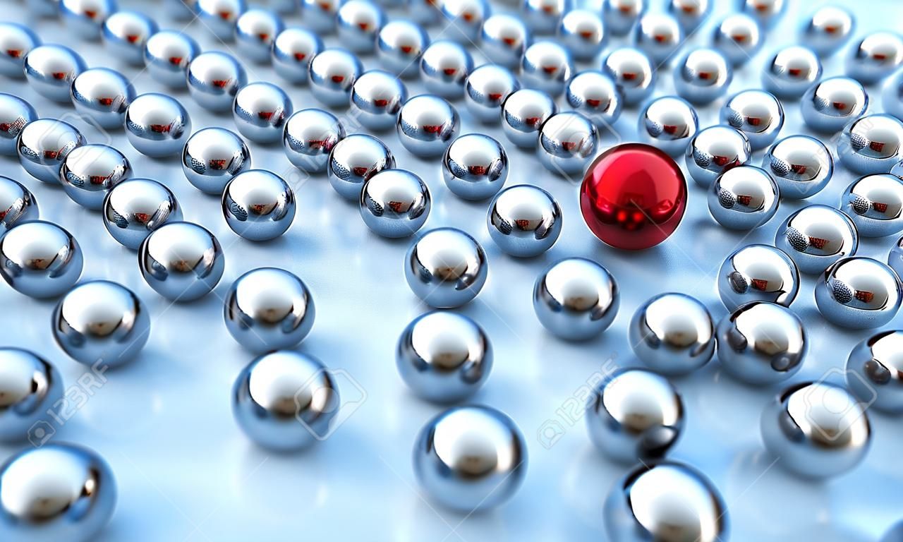 Concepto o colección conceptual de bolas en forma de círculo con una roja sobre fondo azul como metáfora de la creatividad y el liderazgo. Una ilustración 3d de coraje o éxito