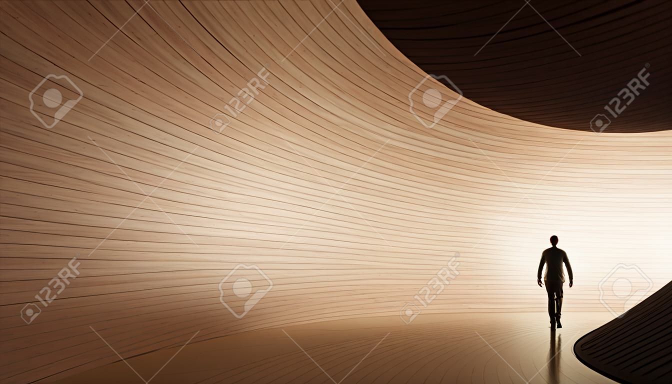 Concept of conceptuele donkere tunnel met een helder licht aan het einde of de uitgang. 3d illustratie als metafoor voor succes, geloof, toekomst of hoop, een zwart silhouet van wandelende man naar nieuwe kansen of vrijheid