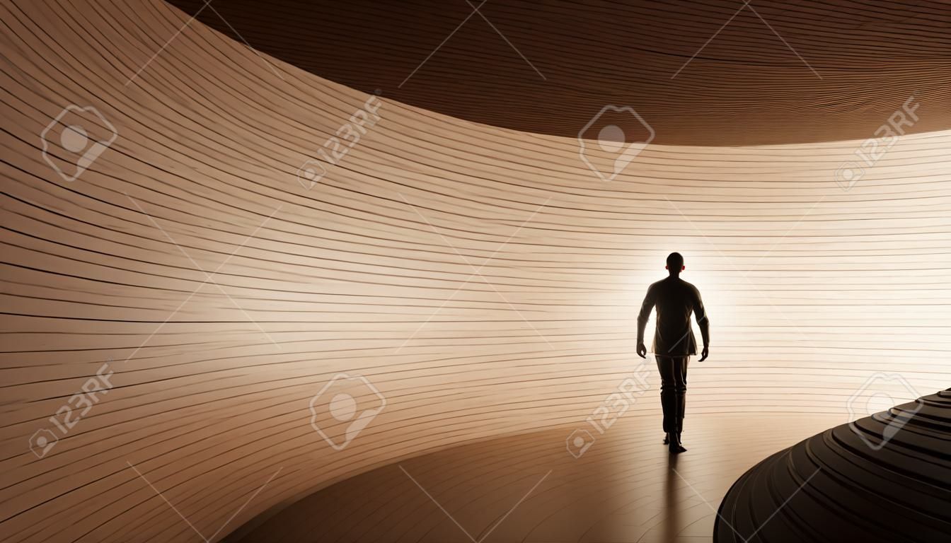 Concept of conceptuele donkere tunnel met een helder licht aan het einde of de uitgang. 3d illustratie als metafoor voor succes, geloof, toekomst of hoop, een zwart silhouet van wandelende man naar nieuwe kansen of vrijheid