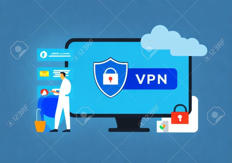 VPN beveiligingsnetwerk concept. Virtueel privé netwerk met gecodeerde verbinding, online te beschermen webverkeer. Computer met vpn app voor het deblokkeren van websites en versleutelen verbinding in online messenger