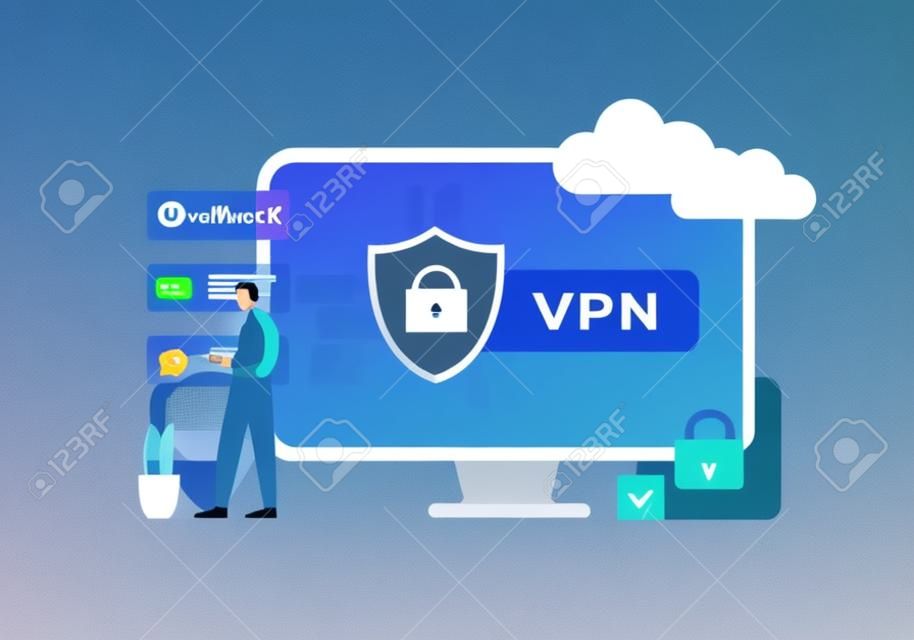 Conceito de rede de segurança VPN. Rede privada virtual com conexão criptografada, on-line protege o tráfego da web. Computador com aplicativo vpn para desbloquear sites e criptografar a conexão no mensageiro on-line
