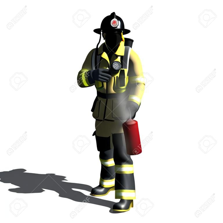 3d illustration. Stock photography Firefighter with fire extinguisher isolated on white background. 3d illustration