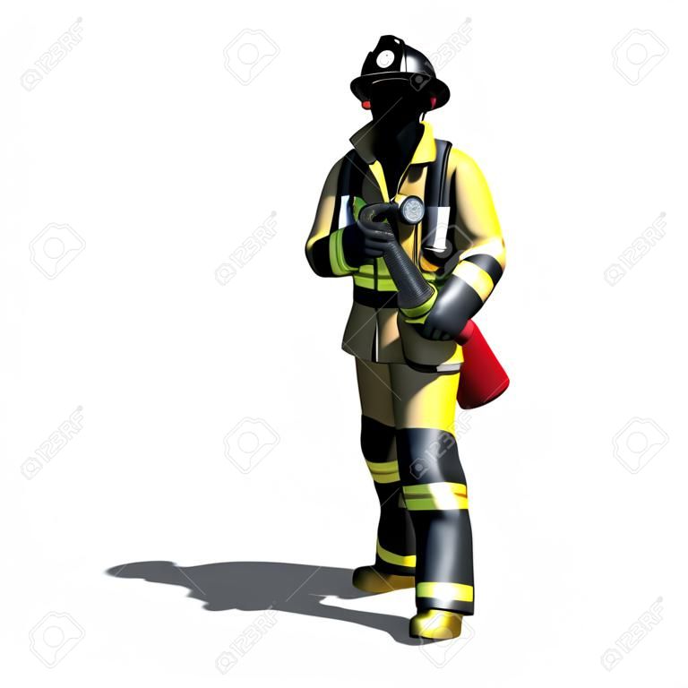 3d illustration. Stock photography Firefighter with fire extinguisher isolated on white background. 3d illustration