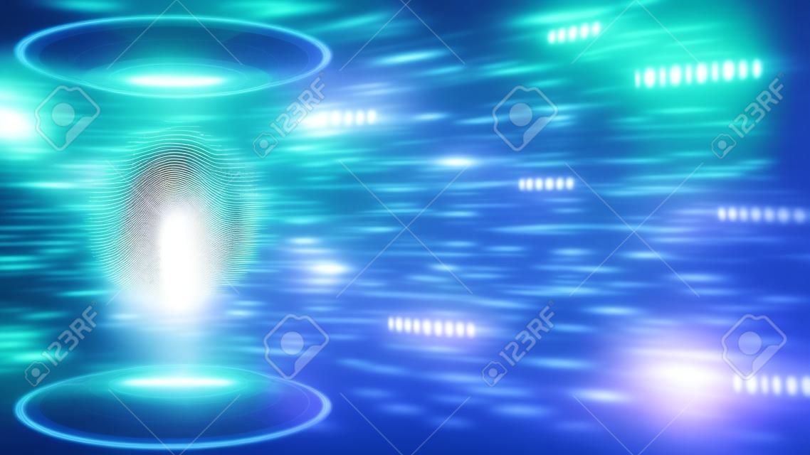 Abstract 3D graphic illustration on blue digital background - shining light beam in cylinder shape with floating fingerprint inside circular HUD elements - security scanning identification concept