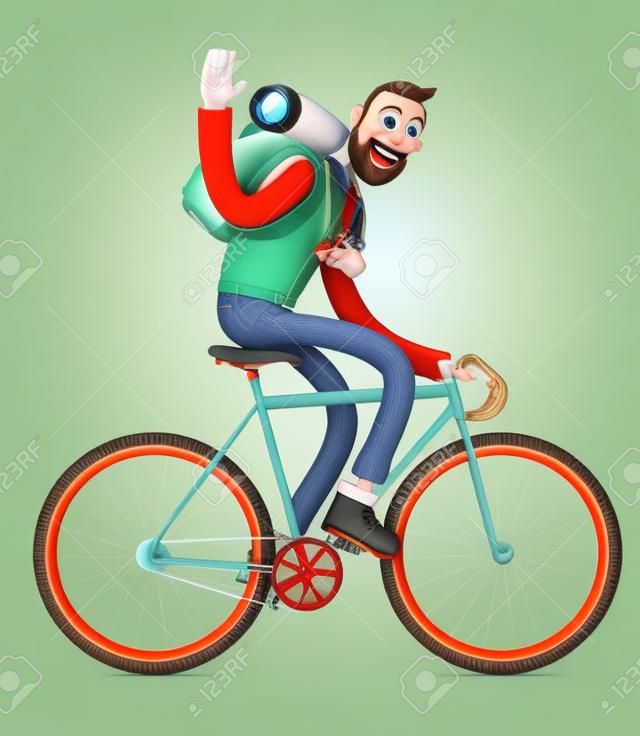 3d illustration. Cartoon character tourist ride on bicycle.