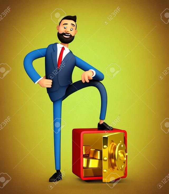 Personaje de dibujos animados Billy con caja fuerte y oro. Ilustración 3d