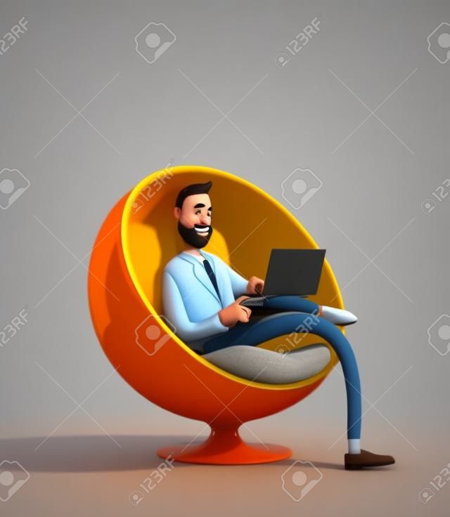 잘생긴 만화 캐릭터 빌리는 노트북이 있는 달걀 의자에 앉아 있습니다. 3d 그림