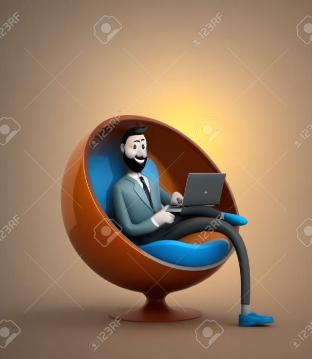 Handsome cartoon character Billy sitting in an egg chair with laptop. 3d illustration