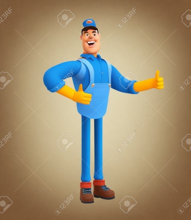 Deliveryman in overalls holds thumb up. 3d illustration. Cartoon character.