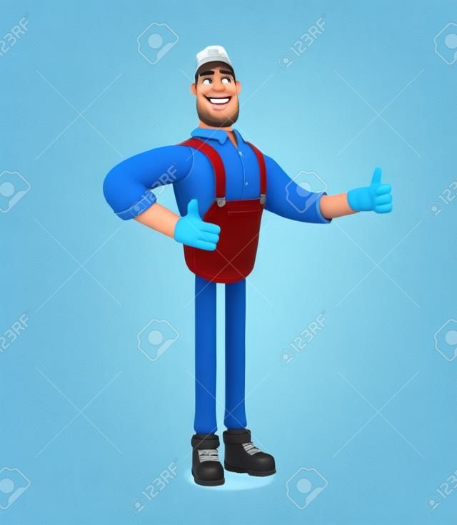 Deliveryman in overalls holds thumb up. 3d illustration. Cartoon character.