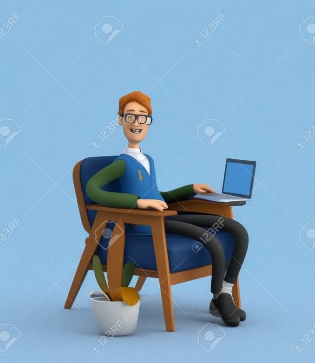 自宅で快適な状態での遠隔作業、学習、コミュニケーションの概念。 Nerd Larryは、ラップトップを持って肘掛け椅子に座っています。 3Dイラスト。