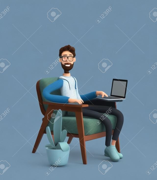 自宅で快適な状態での遠隔作業、学習、コミュニケーションの概念。 Nerd Larryは、ラップトップを持って肘掛け椅子に座っています。 3Dイラスト。