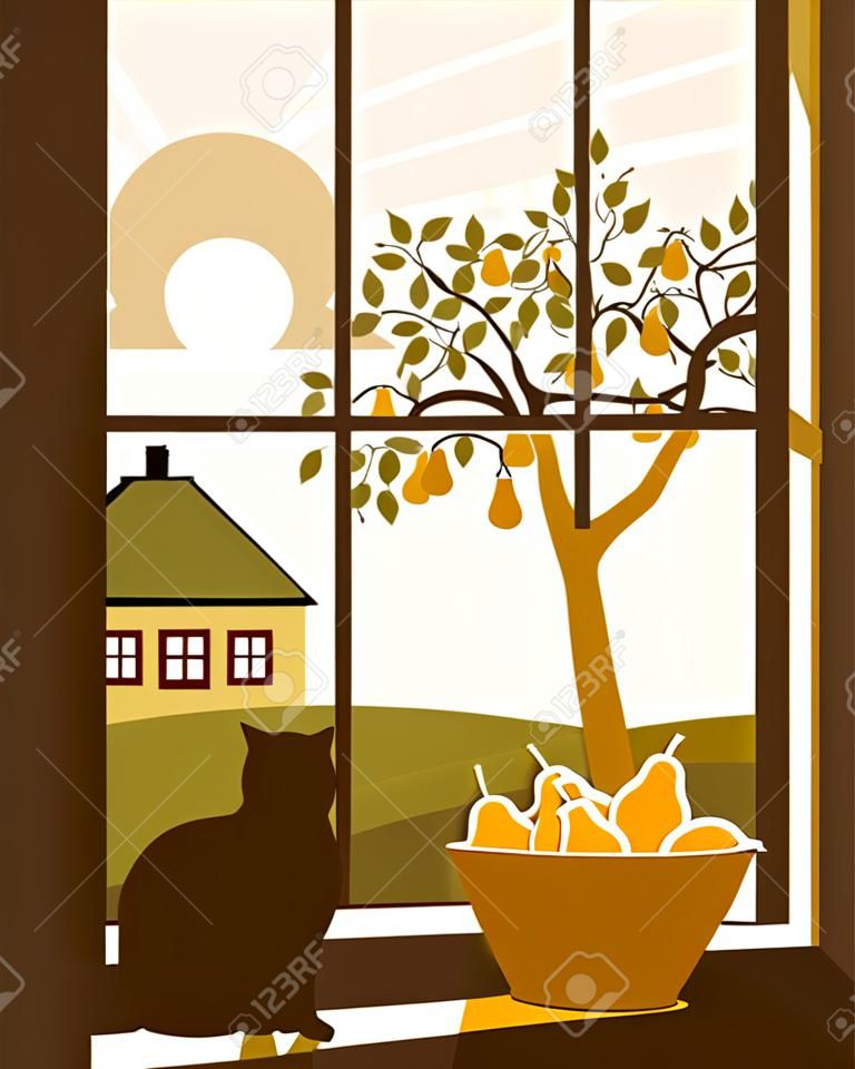 perenboom en cottage buiten het raam