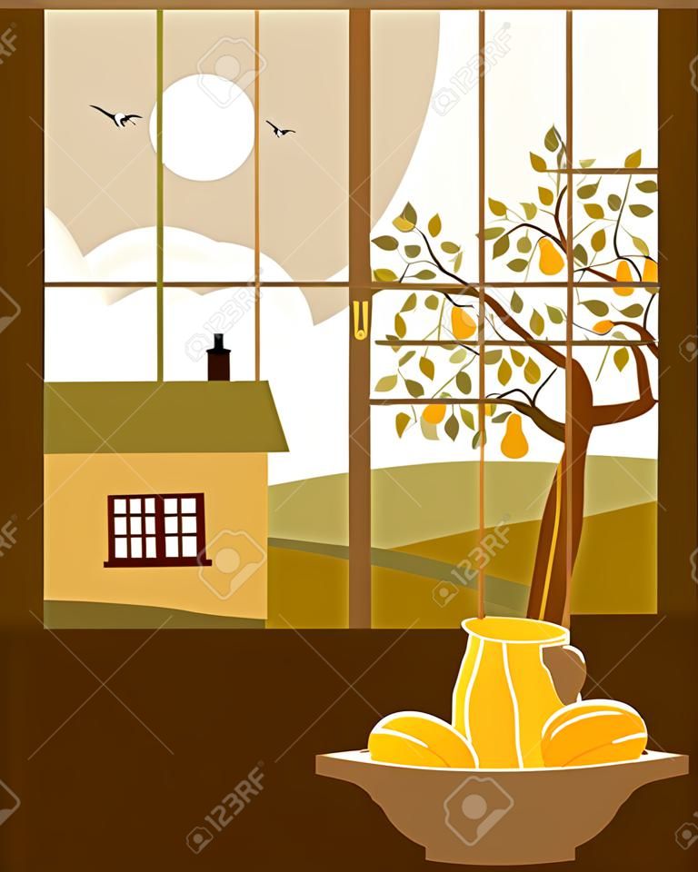 perenboom en cottage buiten het raam