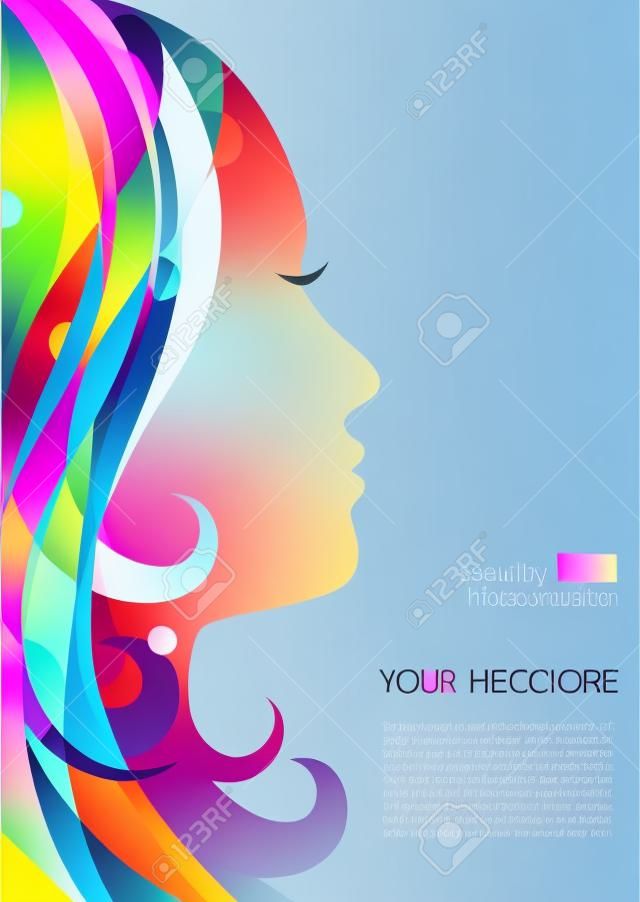 다채로운 머리, 벡터 배경으로 아름 다운 여자의 실루엣입니다. 뷰티 살롱, 스파, 화장품 가게, 전단지, 브로셔, 커버, 배너, 플래 카드에 대 한 추상 디자인 개념.