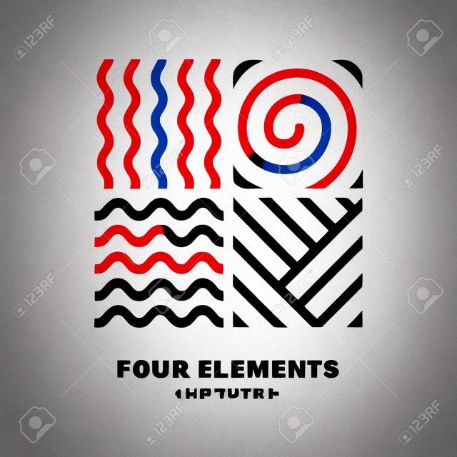 Dört element basit çizgi sembolü. Vektör logo şablonu. Doğa, enerji, turizm, seyahat, iş, sinerji için Özet tasarım konsepti. Ateş, hava, su ve toprak burcu.